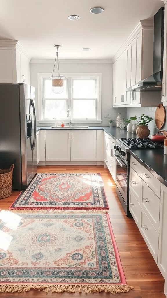 A modern kitchen featuring two decorative rugs with intricate patterns on wooden flooring, showcasing a blend of contemporary and vintage styles.