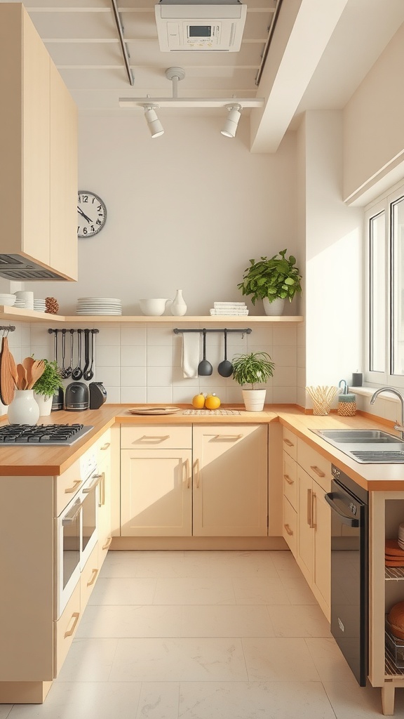 A modern beige kitchen with light wood cabinets and a well-organized workspace, featuring plants and kitchen accessories.