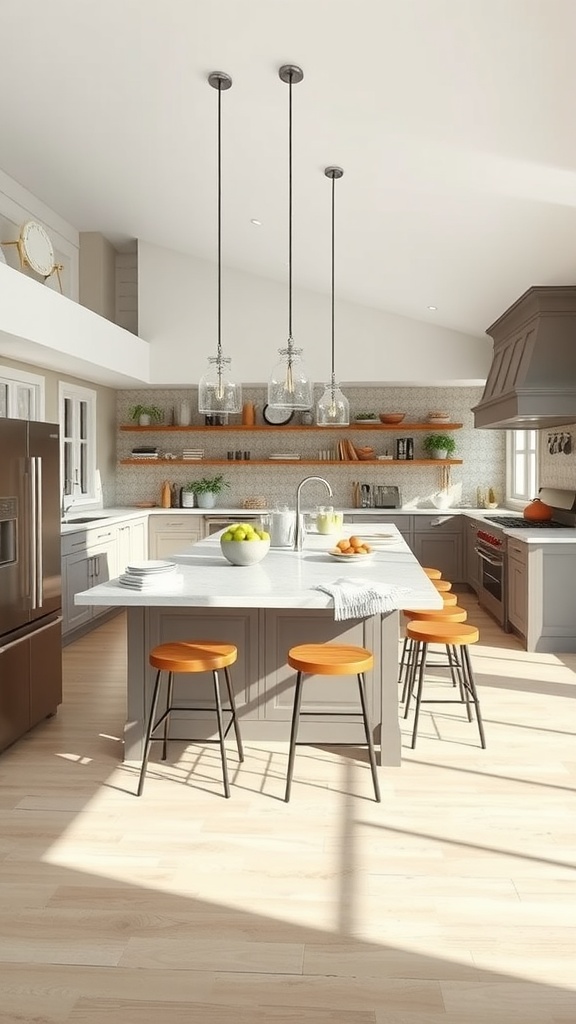 A bright modern kitchen featuring a marble island with orange stools, open shelves with plants, and warm lighting.