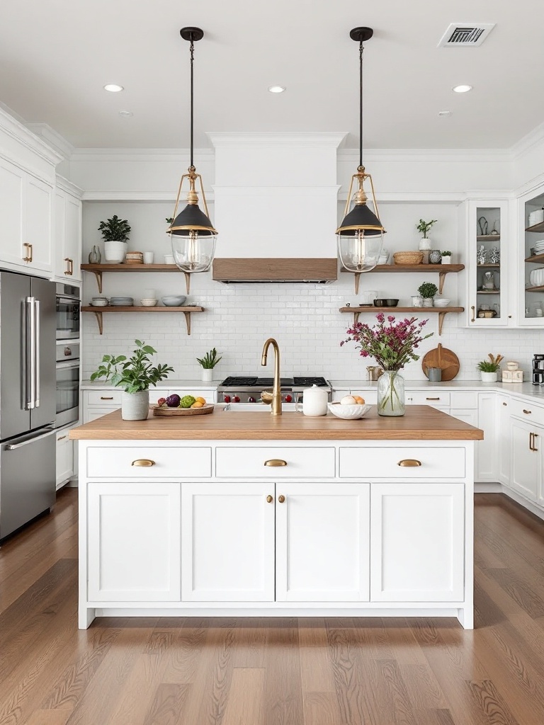 Stylish functional kitchen island with wood top and white cabinetry