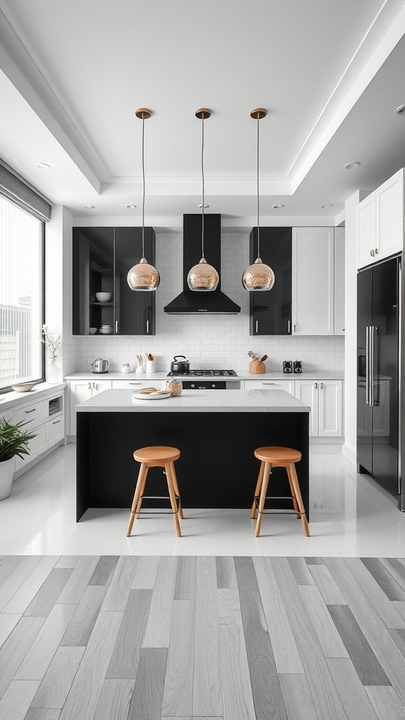 A modern black and white kitchen featuring a functional island with wooden stools.