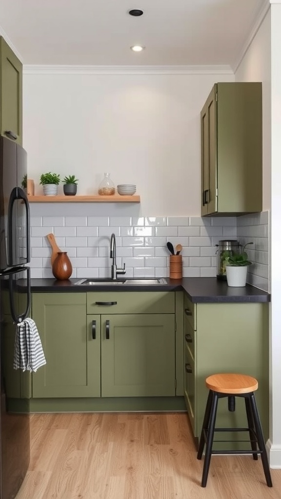 An olive green kitchen with black countertops, featuring a functional layout with L-shaped cabinetry and open shelves.