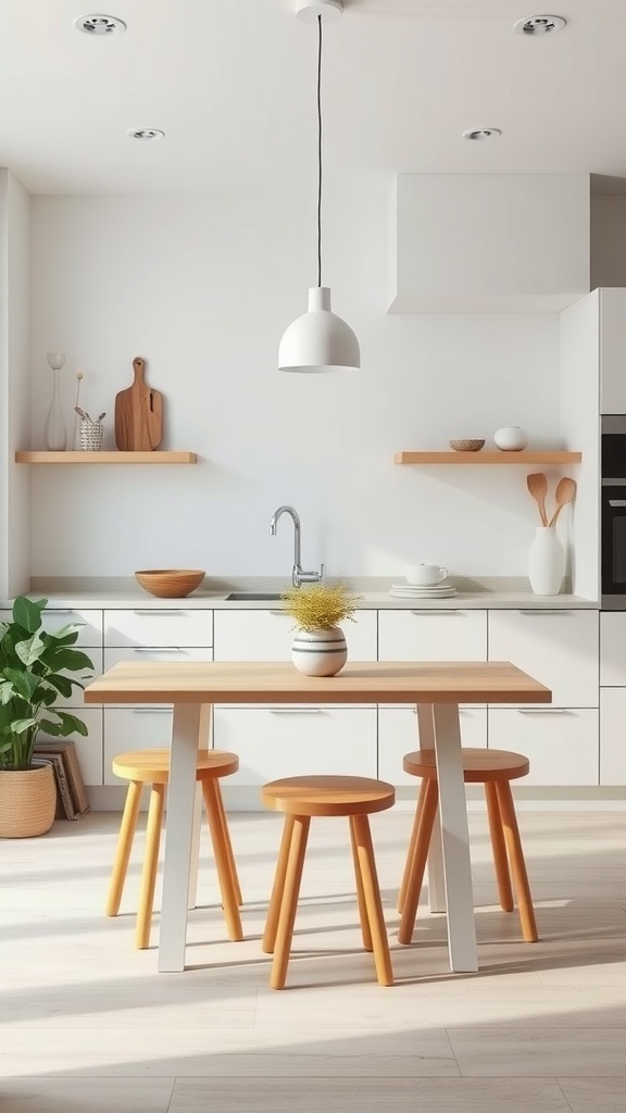 A minimalist kitchen featuring a wooden table with three stools, white cabinets, and simple decor.