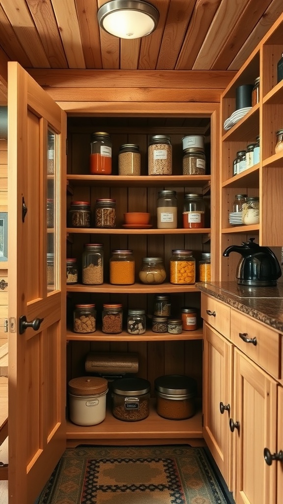 A wooden pantry with neatly organized jars and containers, showcasing functionality and rustic charm.