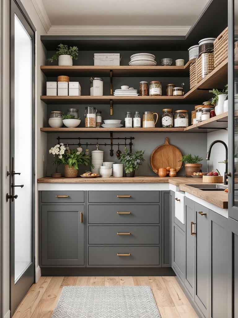 A functional pantry with open shelving, jars, and baskets, showcasing an organized kitchen space.