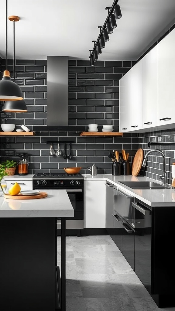 A modern black and white kitchen with sleek cabinetry, pendant lights, and open shelving.