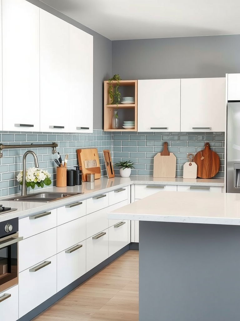 A modern grey and white kitchen featuring a small workspace with an orange chair and open shelving.