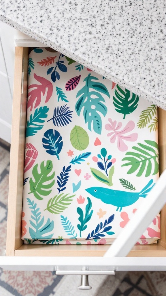 A colorful drawer liner featuring vibrant leaves and birds inside a kitchen drawer.