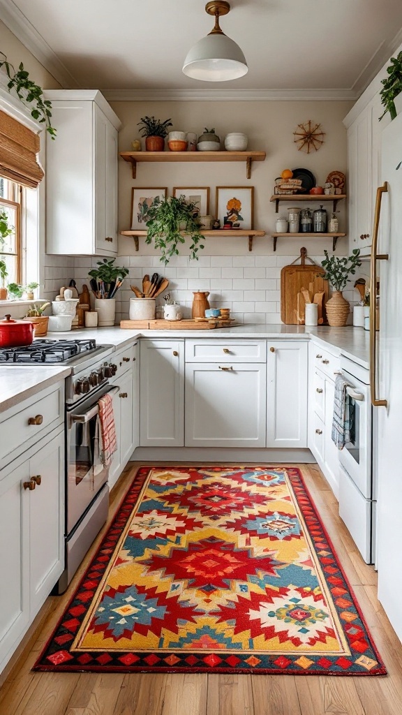 A vibrant kitchen rug with geometric patterns in a cozy kitchen setting.