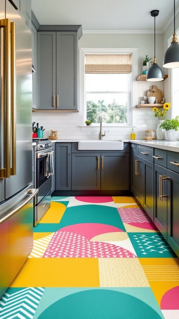 A colorful kitchen floor featuring funky vinyl decals with geometric patterns.