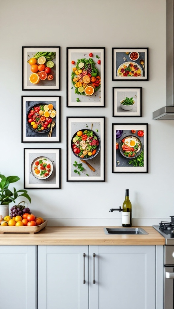 Gallery wall of food photography with colorful images of fruits and dishes in frames.