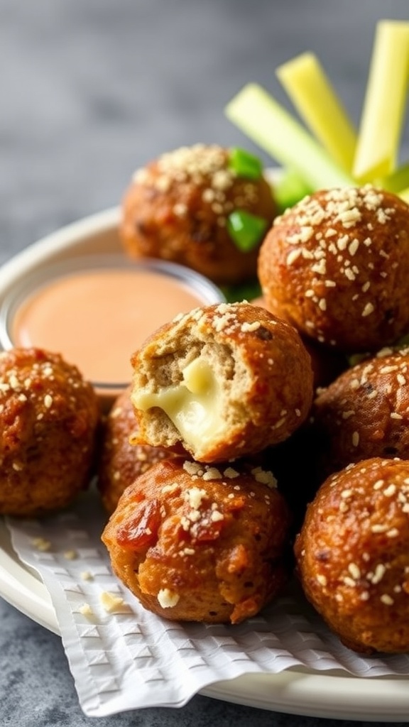 A plate of garlic parmesan cheeseburger balls with dipping sauce