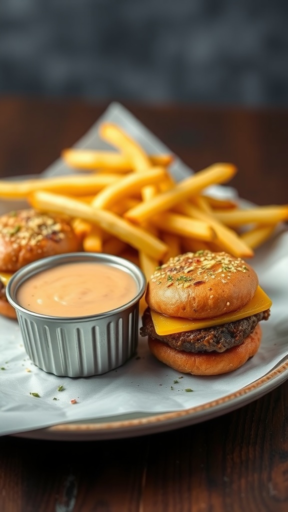 Garlic Parmesan Cheeseburger Bites with fries and dipping sauce