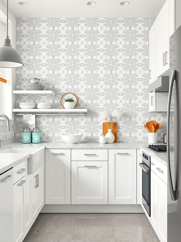 A modern grey and white kitchen with geometric patterned backsplash and sleek cabinetry.