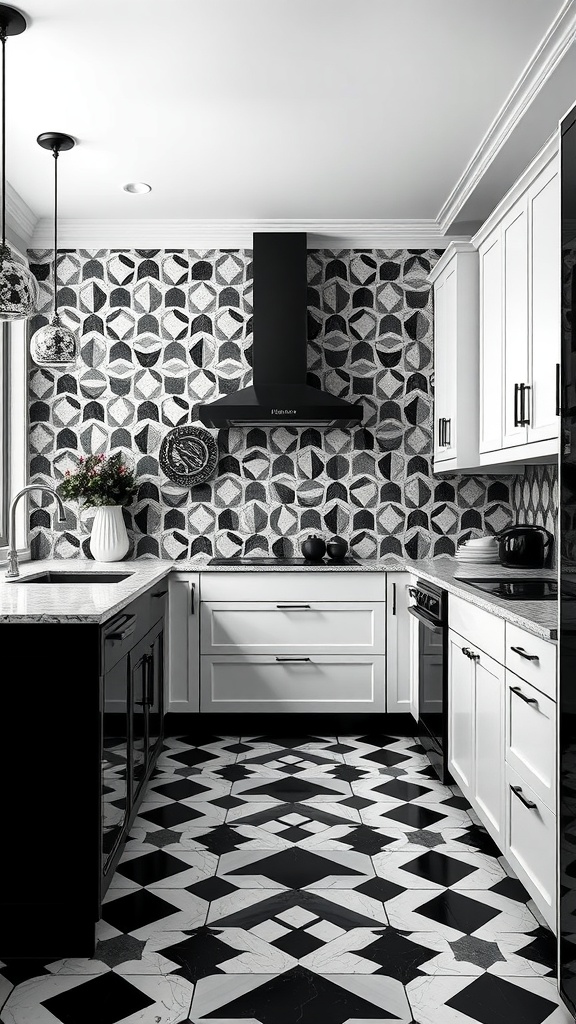 A modern kitchen featuring black and white geometric tile patterns on the floor and wall.