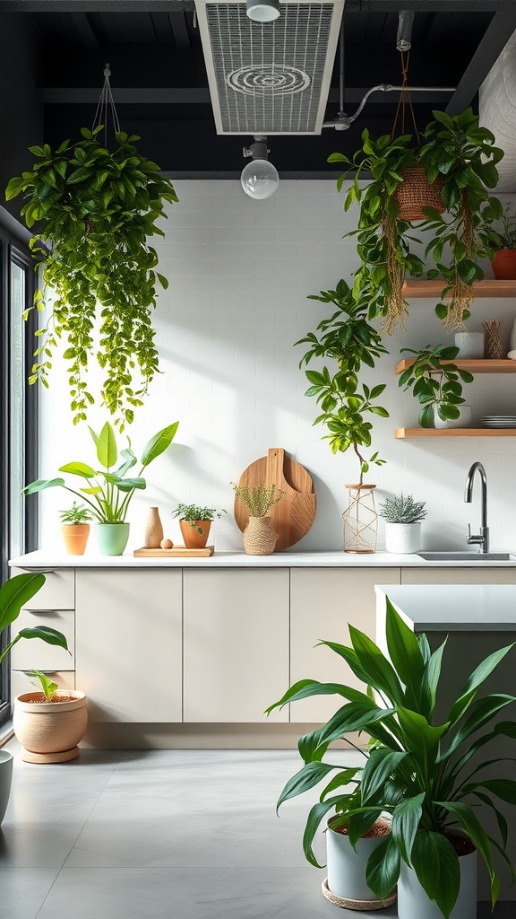 A modern kitchen with various indoor plants, featuring hanging greenery and potted plants on the counter.