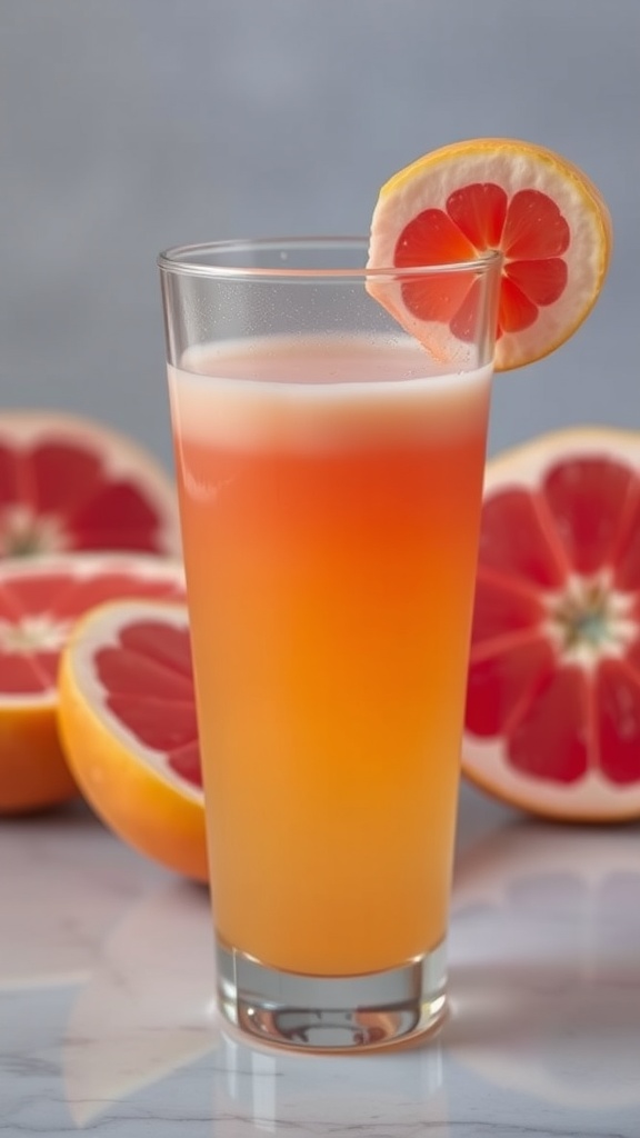 A refreshing glass of grapefruit sunrise juice with slices of grapefruit in the background.