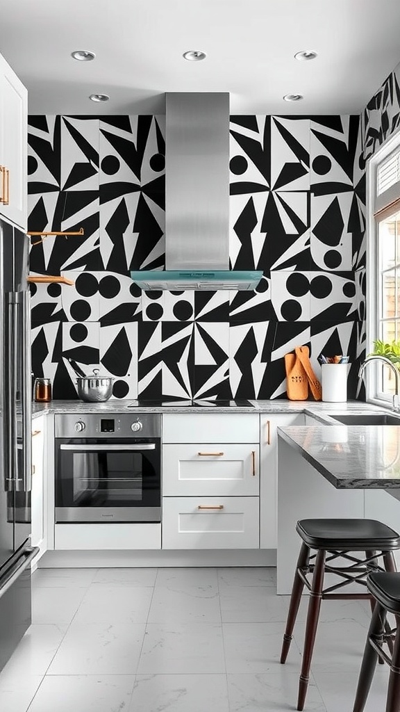 A modern kitchen featuring bold graphic black and white wallpaper with geometric patterns.