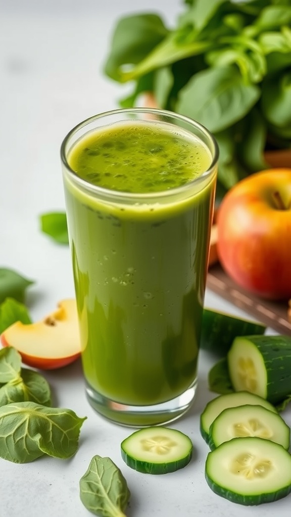 A glass of green detox juice made with spinach, cucumber, and apple, surrounded by fresh ingredients.