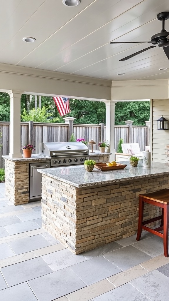 An outdoor kitchen with a grill island and seating, featuring stone surfaces and a cozy setup.