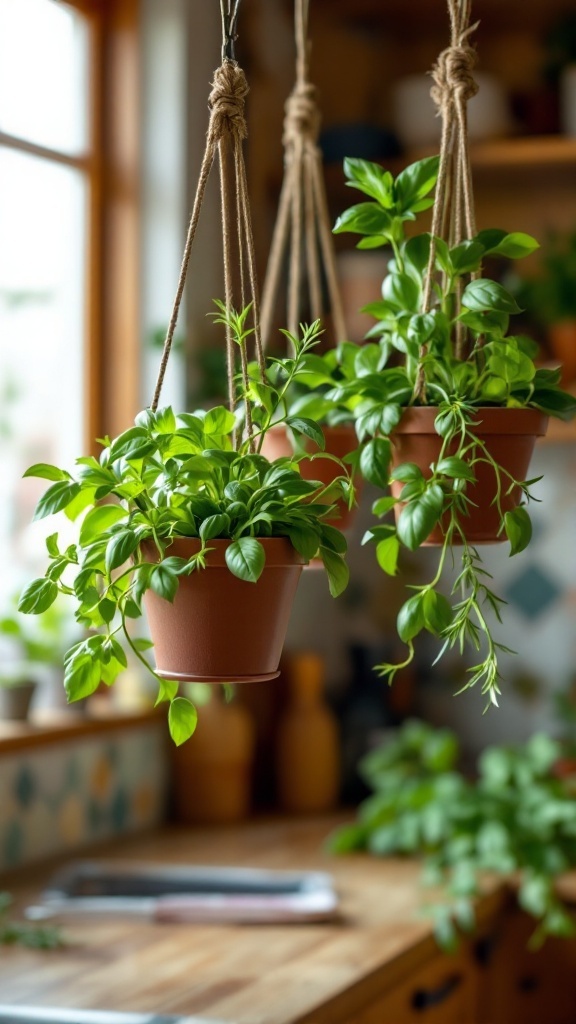 Hanging planters with fresh herbs in a kitchen setting