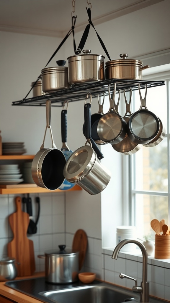 A modern kitchen with a hanging pot rack displaying various pots and pans.