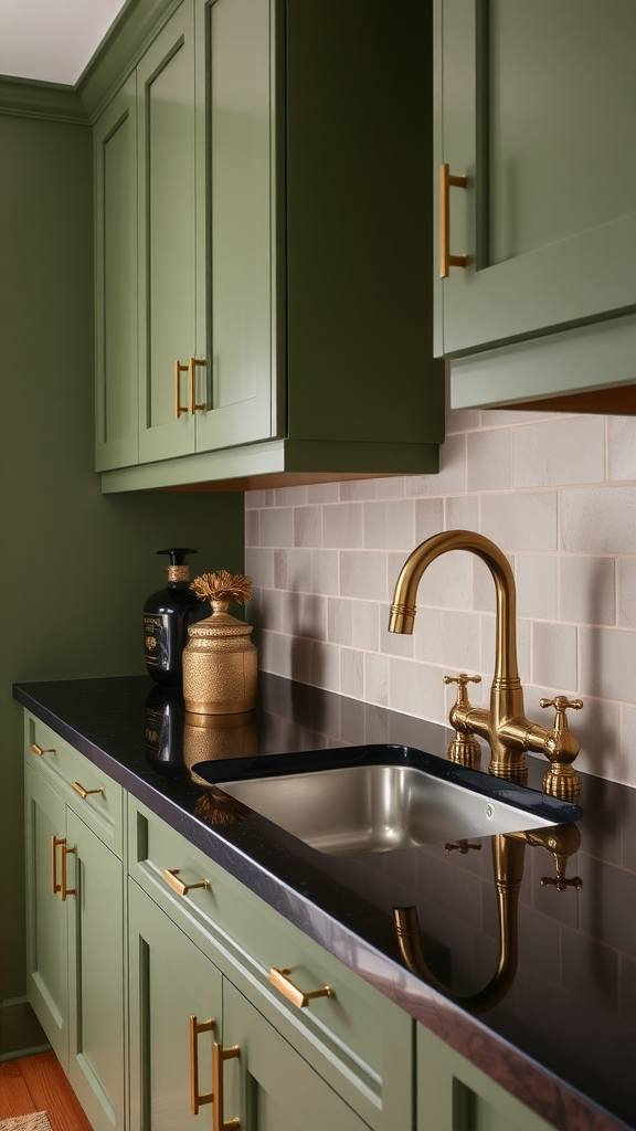 Close-up view of olive green kitchen cabinets with dark hardware and black countertops.