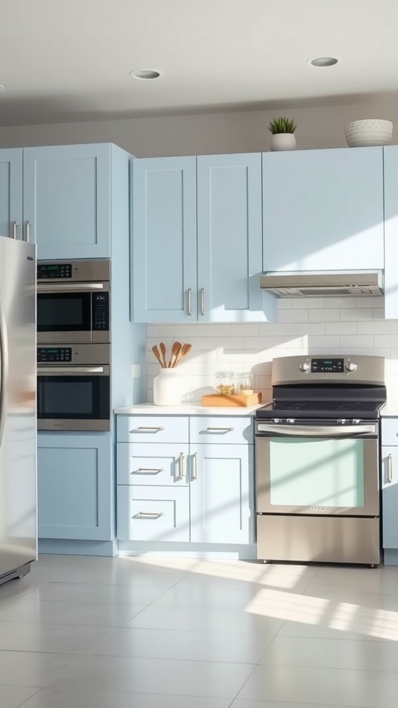 Modern kitchen with light blue cabinets and stainless steel appliances