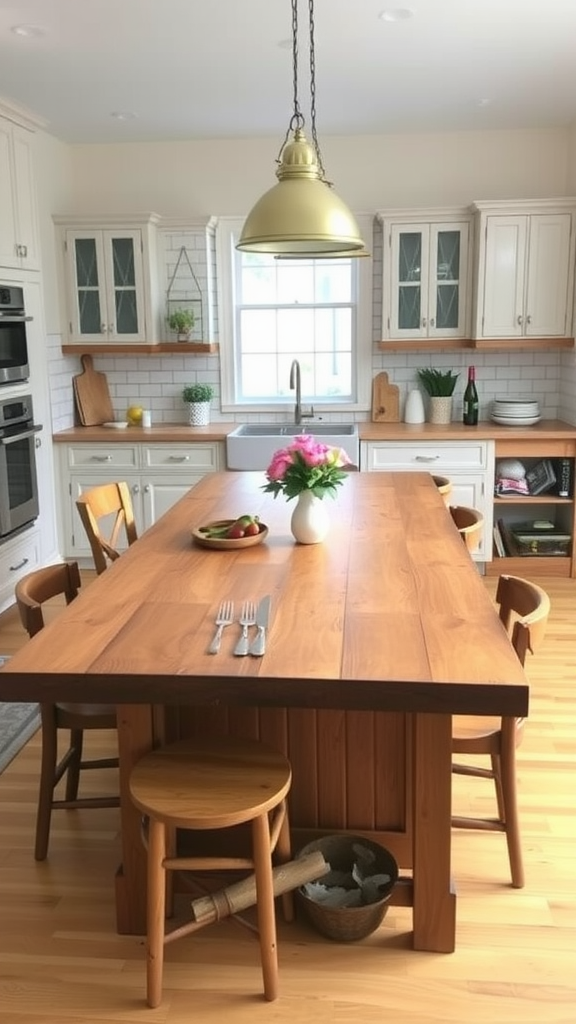 A farmhouse kitchen with a wooden harvest table island, surrounded by chairs and adorned with a bowl of fruits.