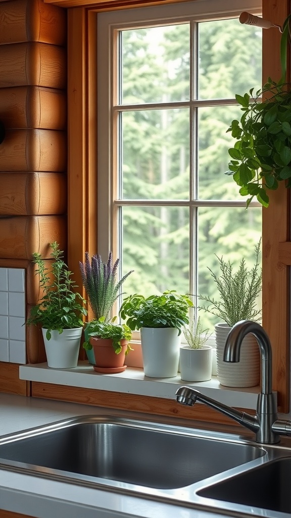 A kitchen windowsill with various herb plants in pots, showcasing greenery and a wooden cabin backdrop.