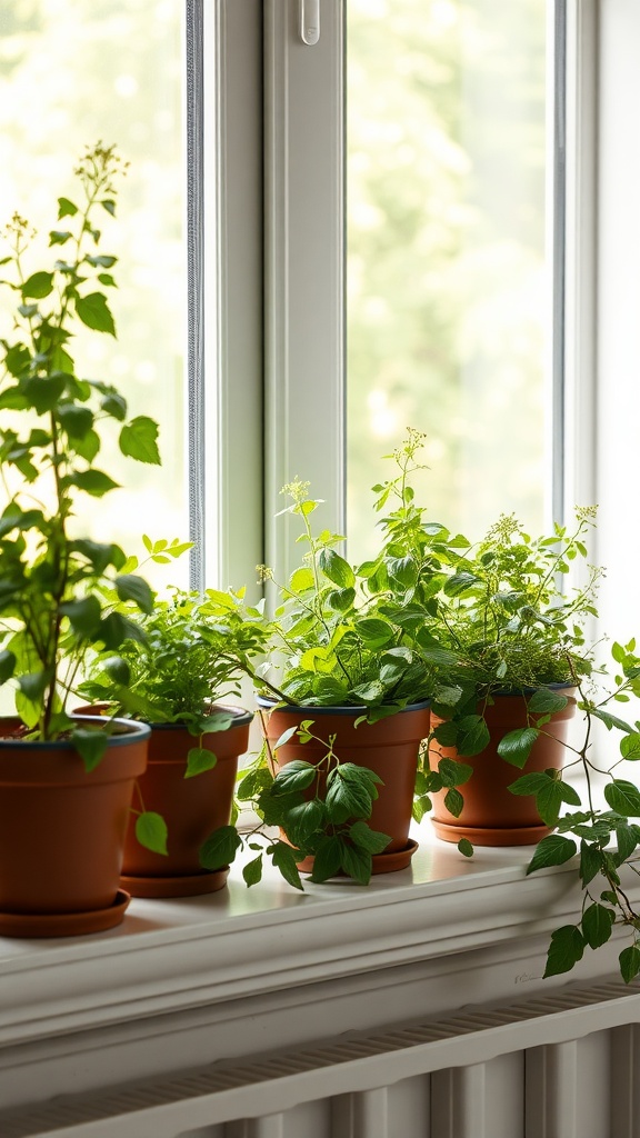 A windowsill filled with potted herbs in a cottage style kitchen.