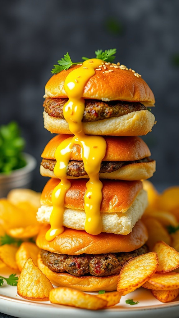 Honey mustard ham and cheese sliders stacked on a plate with chips.