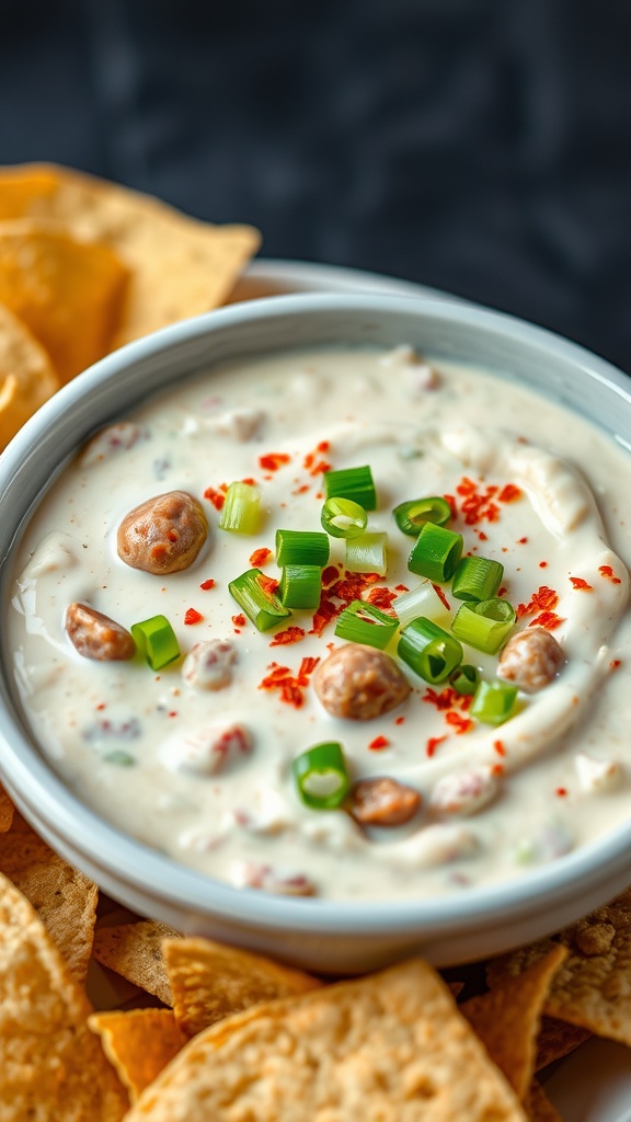 A bowl of Hot Ranch Sausage Dip garnished with green onions and red pepper flakes, surrounded by tortilla chips.