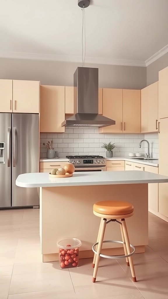 A modern kitchen featuring a central island with orange stools and peach-colored cabinets.