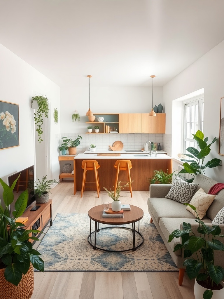 A small open concept kitchen living room featuring plants, wooden furniture, and modern decor.