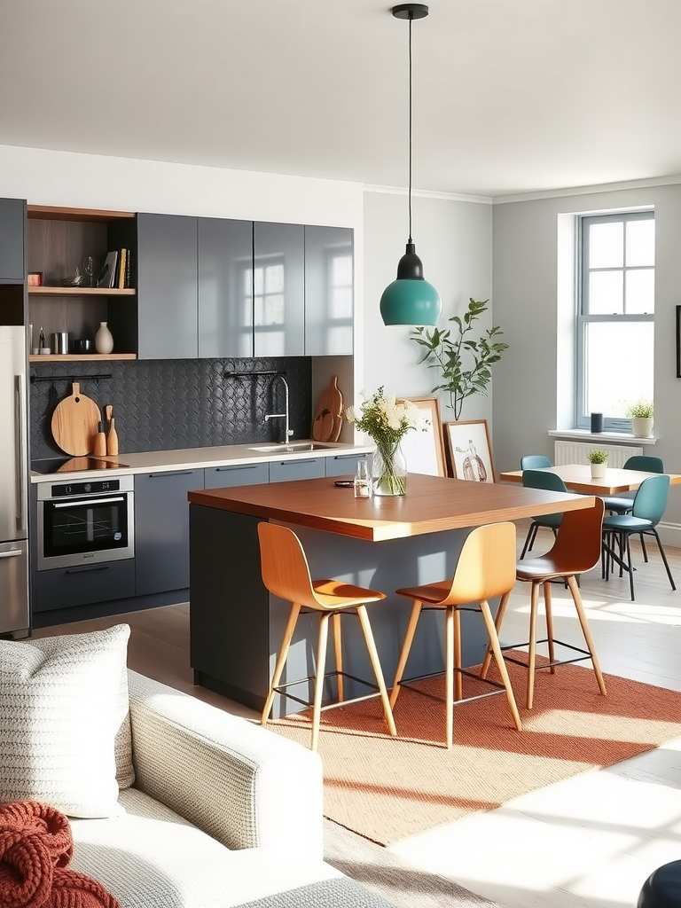 A small open concept kitchen with a modern island, wooden cabinets, and cozy seating.