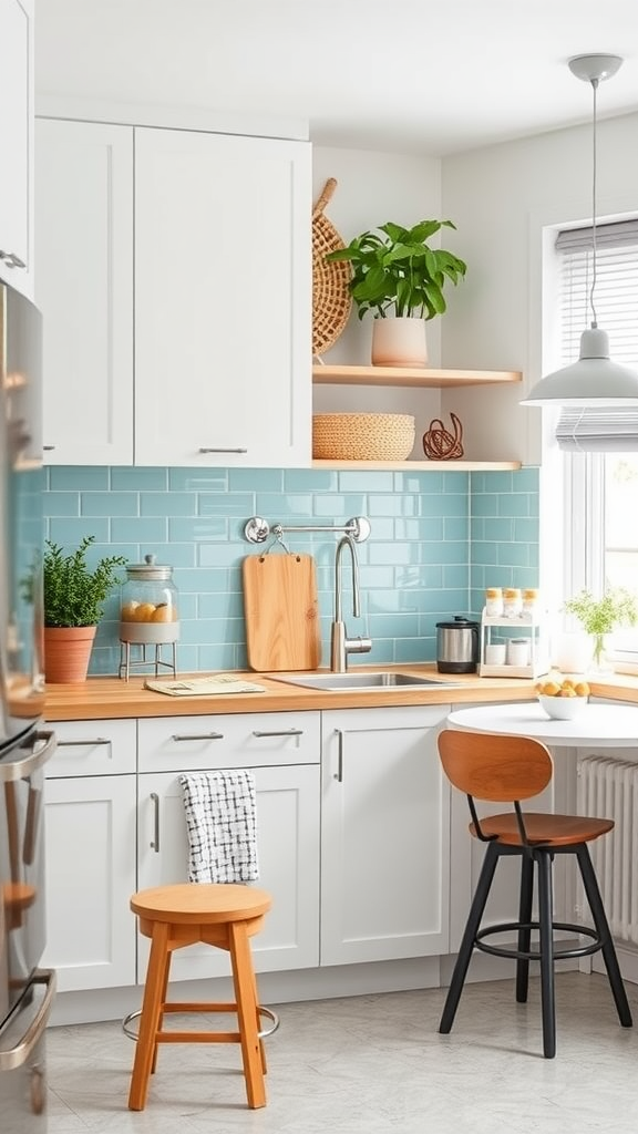 A small kitchen featuring a light blue backsplash with wooden accents and plants, creating a bright and inviting atmosphere.