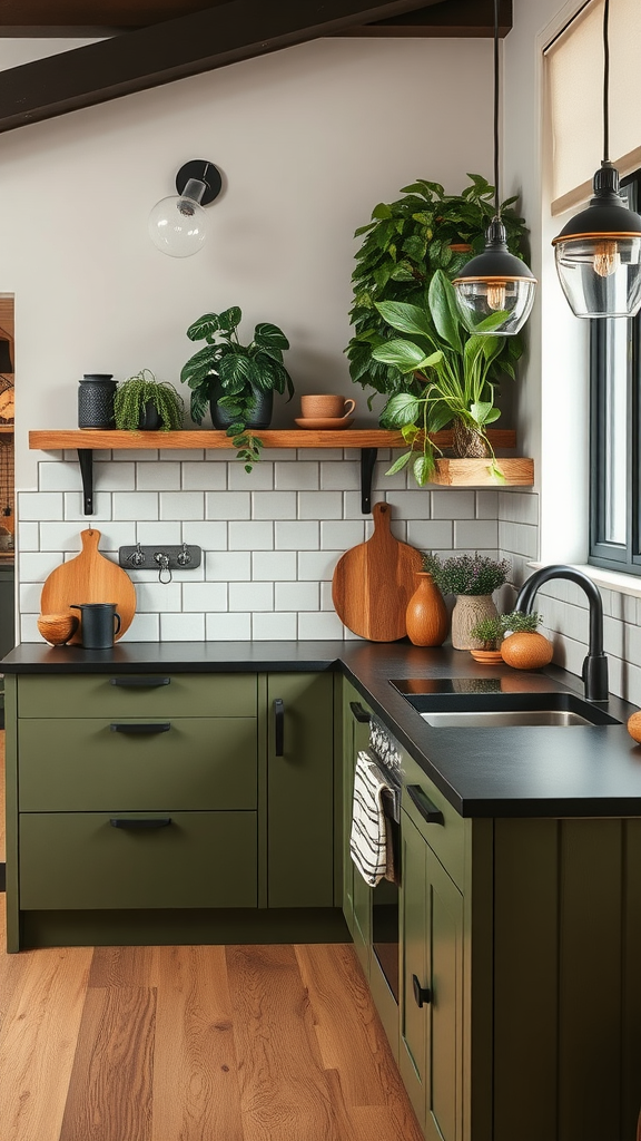 A modern kitchen featuring olive green cabinets, black countertops, and various indoor plants.