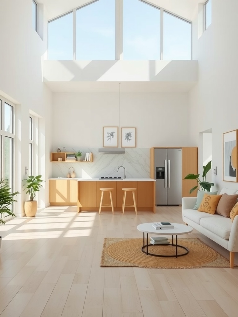 Bright open concept kitchen and living room with natural light and modern decor