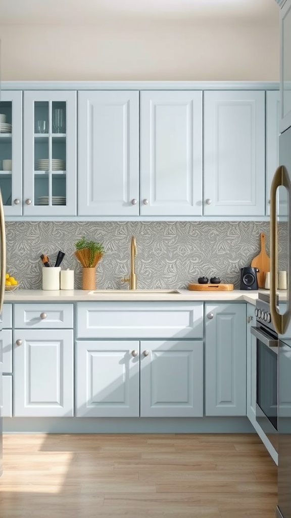 A light blue kitchen with cabinets, patterned backsplash, and wooden floor