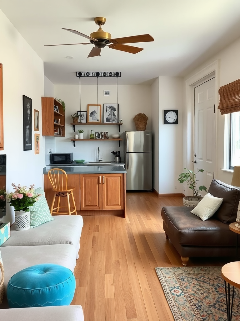 A small open concept kitchen living room featuring cozy seating, a stylish coffee table, and decorative accents.