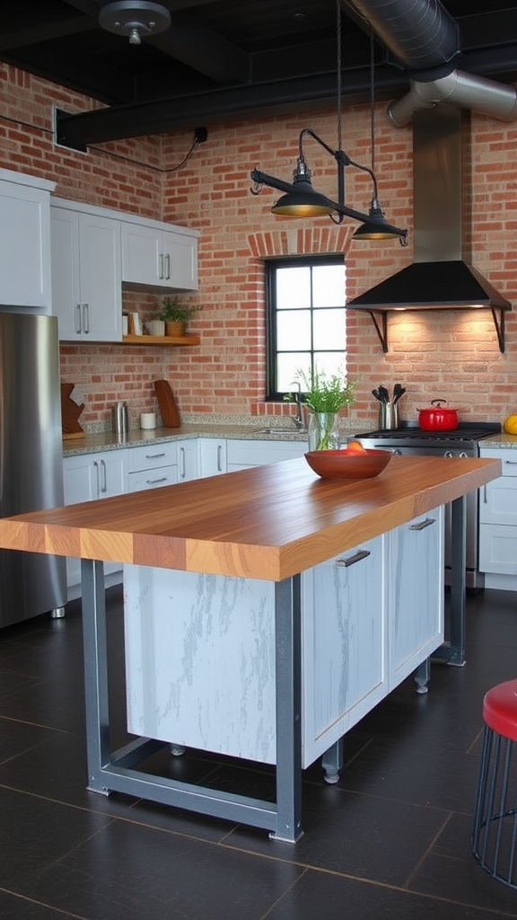 Kitchen island with metal base and distressed wood top in an industrial farmhouse setting