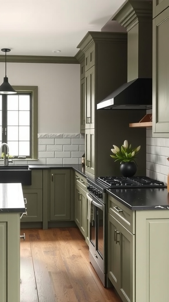 A modern farmhouse kitchen with olive green cabinets and black countertops.