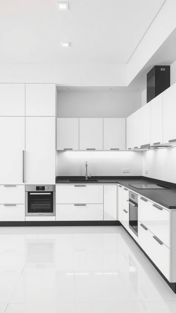 A modern black and white kitchen featuring integrated appliances and sleek cabinetry.