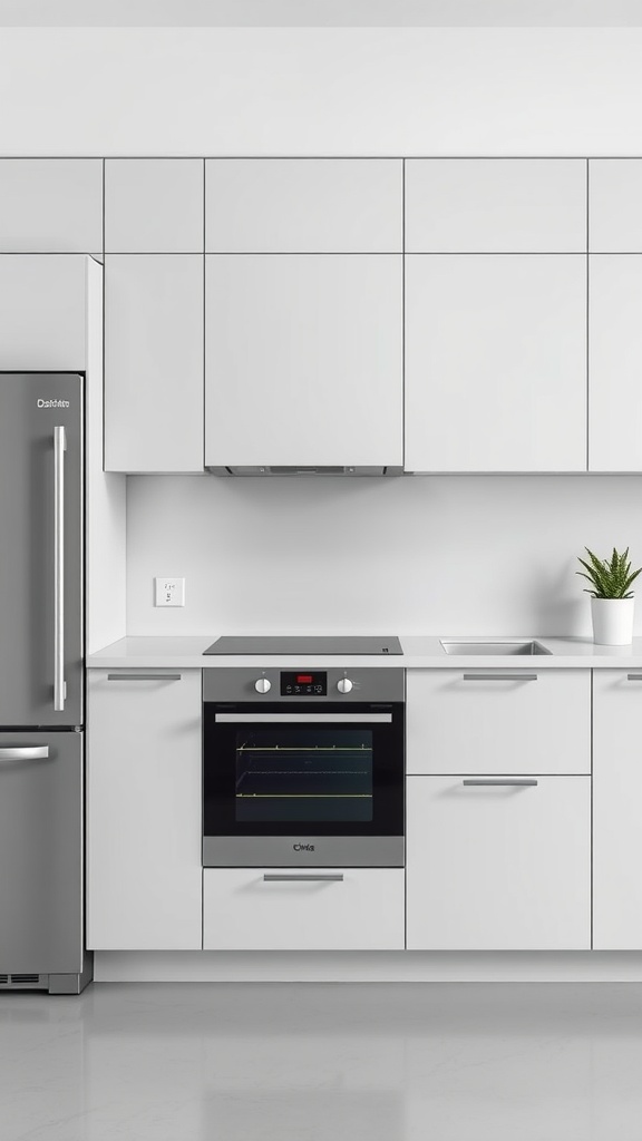 A minimalist kitchen with integrated appliances, featuring white cabinetry and a clean, modern design.