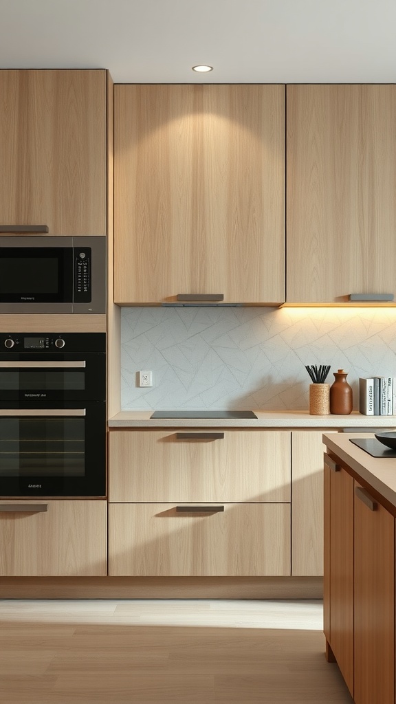 A modern kitchen featuring integrated appliances with beige panels and warm wood tones.