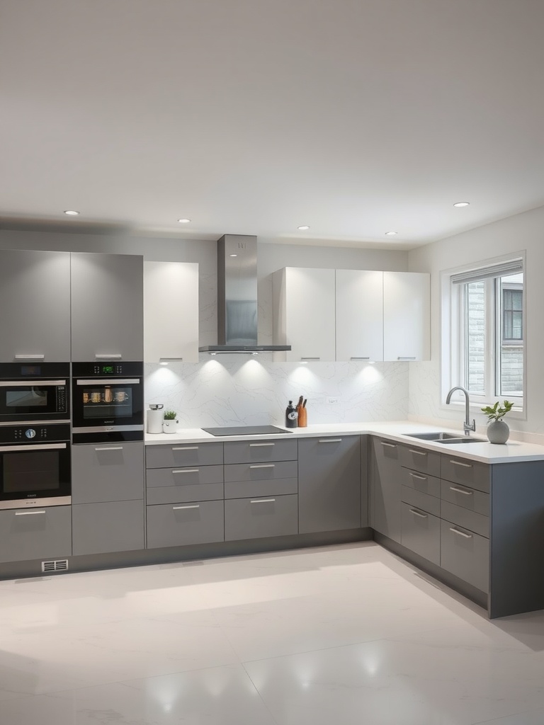 Modern grey and white kitchen with integrated lighting