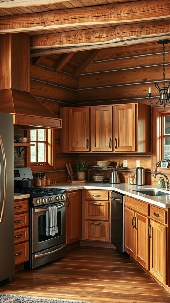 Cozy log cabin kitchen with modern appliances and wooden cabinets