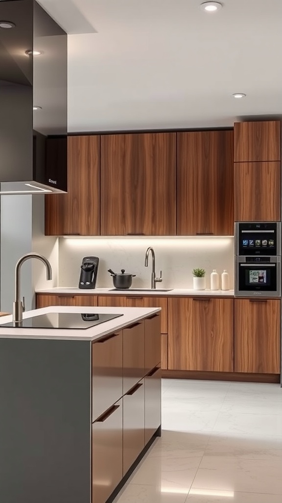 A modern kitchen featuring integrated smart technology, natural wood cabinets, and a marble island.