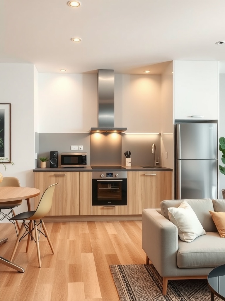 A modern kitchen and living room area showcasing smart appliances and a cozy design.